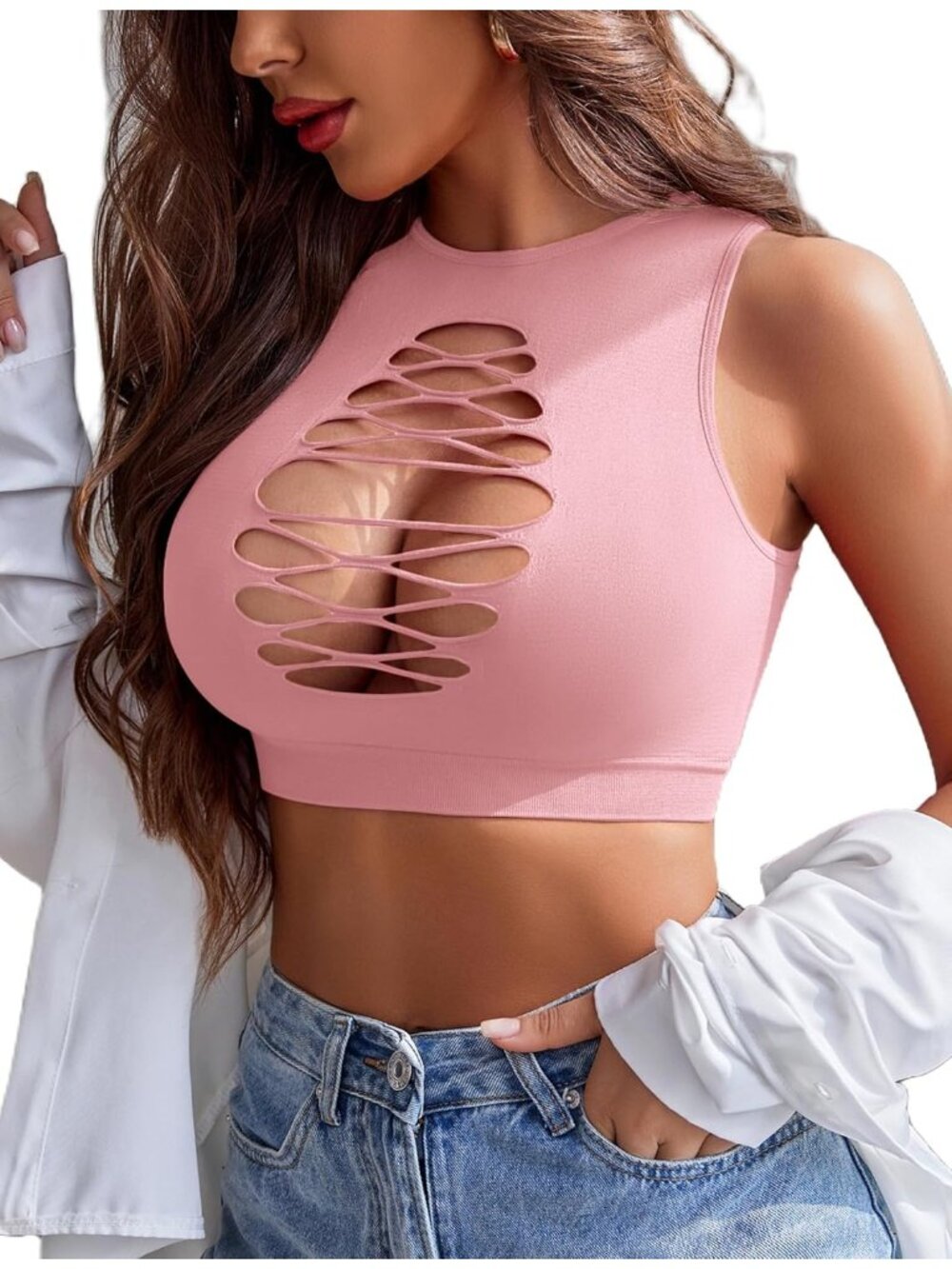 Women's Pink Fishnet Tank Top Cutout Stretch Rave Goth Festival One Size